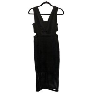The Vintage Shop Solid Black Sheer Ribbed V-Back Cutout Sleeveless Midi Dress S